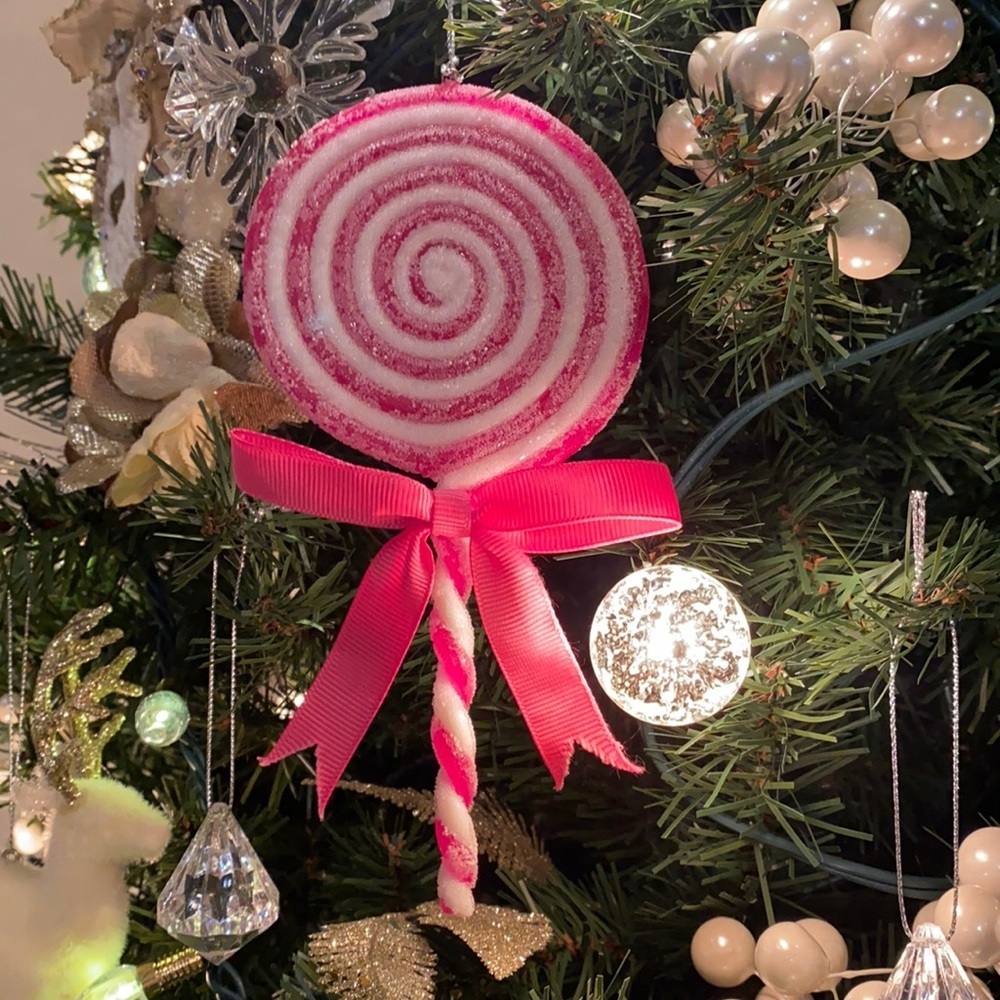 Pink & White swirl lollipop Holiday Christmas Tree ornament glitter & bow 7x3.5” - Picture 6 of 9